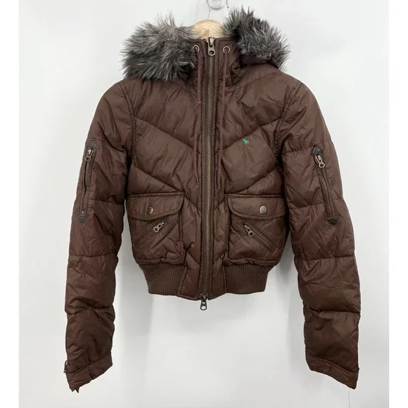 Vintage Abercrombie & Fitch Puffer Jacket Medium Down Cropped Faux Fur Hood Y2K